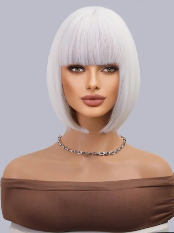 12 Inch Short White Straight Wigs for Women, Gorgeous Fluffy Wigs with Bangs, Synthetic Full Machine Wigs for Party, Daily Use 3