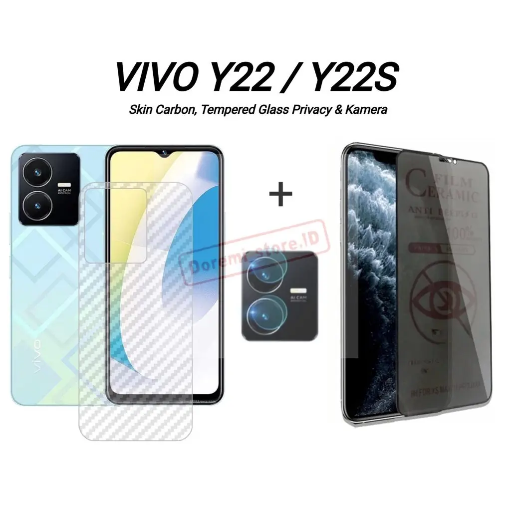 Paket 3in1 Tempered Glass Ceramic Vivo Y22 / Y22s Anti Gores Privacy Dan Kamera Free Garskin layar lentur ponsel  Layar Lentur Silicone