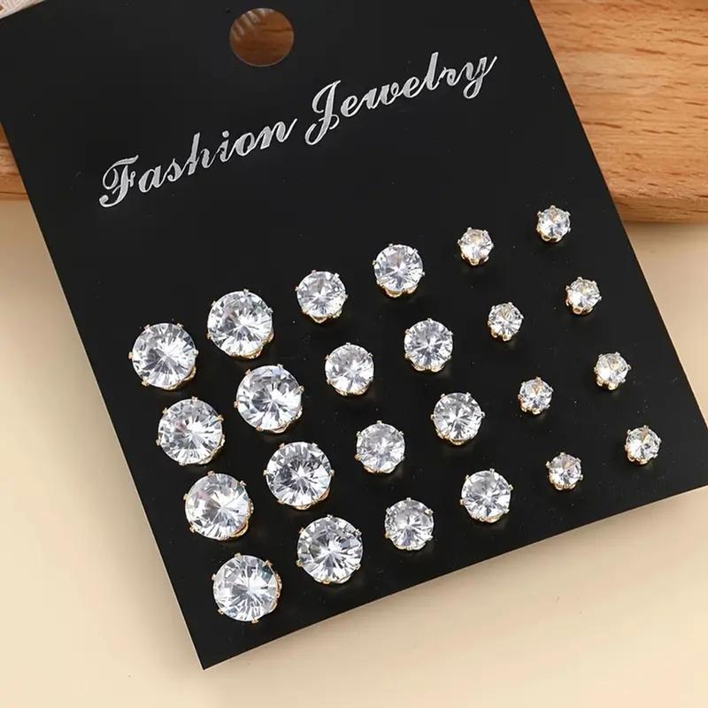 Set bông tai đính đá - 12 cặp, khuyên tai nam nữ không gỉ, hoa tai tròn nụ đá unisex