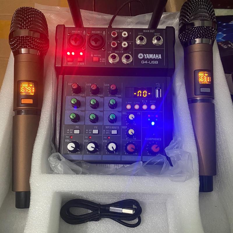 mixer karaoke G4 kèm 2 tay míc thu âm Livestream kết hợp Âm Ly loa kéo Nghe Nhạc Kem