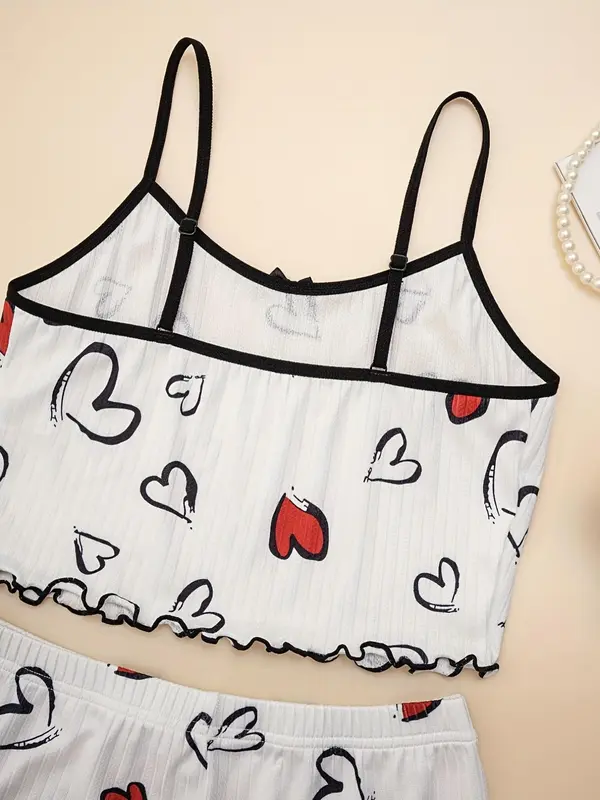 Christmas Gift Women's Heart Print Lettuce Trim Pajama Set, Casual Comfort Sleeveless Cami Crop Top & Elastic Waist PJ Shorts, Summer Wear 2024, Women's Tighten Pants, Lady Chic Homewear Loungewear Pyjamas Womenswear Lingerie 7
