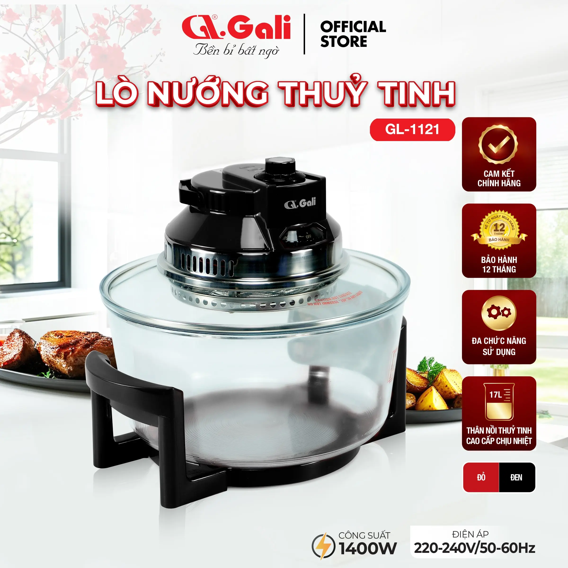 Lò nướng Gali GL-1117A, GL-1121, GL-1100, dung tích 12-17 lít đa chức năng nướng, tiết kiệm điện năng, công nghệ làm nóng bằng bóng đèn Halogen và quạt đối lưu, dây điện bằng đồng 100%. Bảo hãnh chính hãng. Lò Nướng Điện, Lò Nướng Thuỷ tinh, Lò chiên