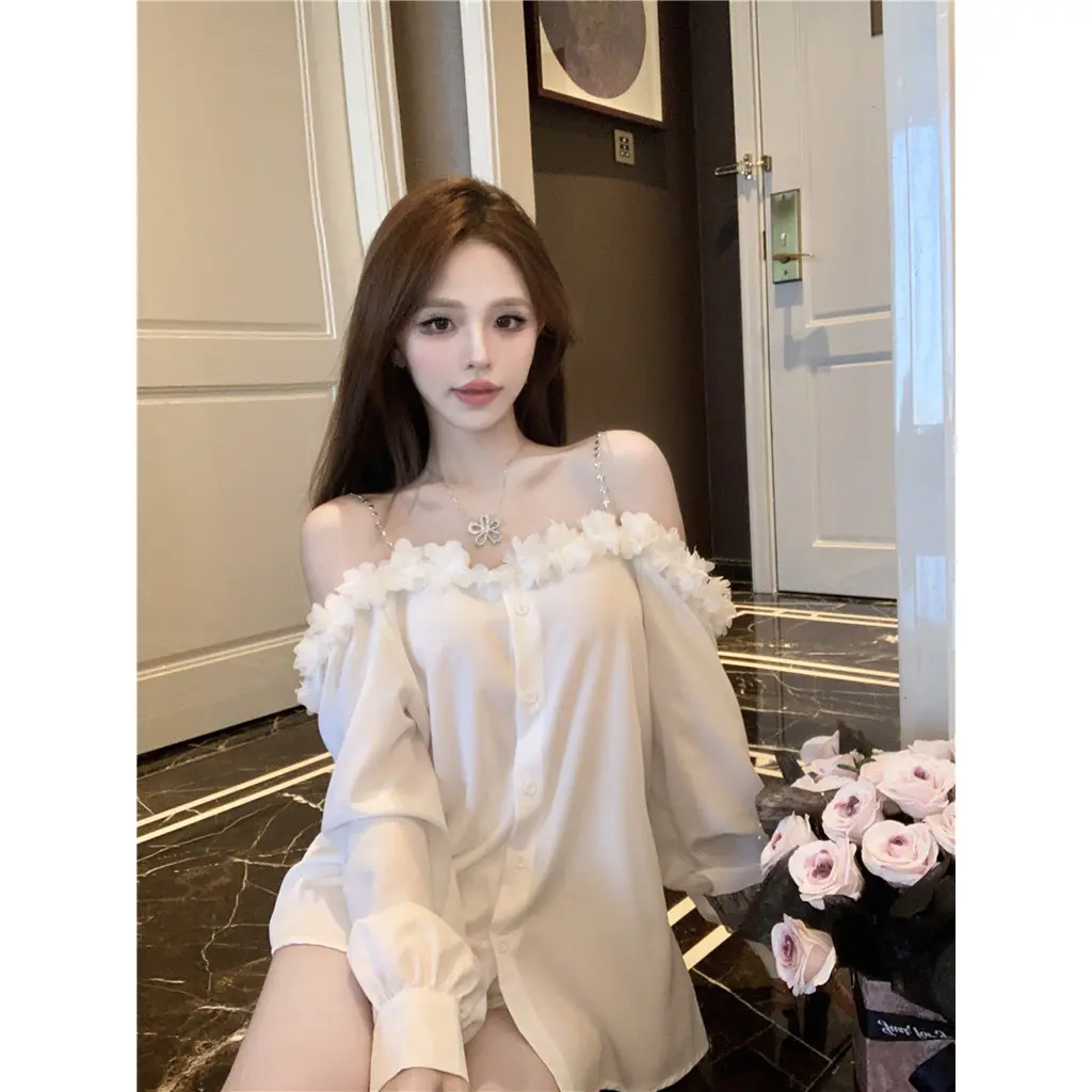 Áo Sơ Mi Nữ, Phong Cách Mùa Thu Và Mùa Đông, Ngọt Ngào Và Thường Ngày, Thiết Kế Hoa Ba Chiều Gợi Cảm, Một Vai, Dáng Rộng Vừa Vặn, Dài Tay, Kiểu Dây Treo Women Top