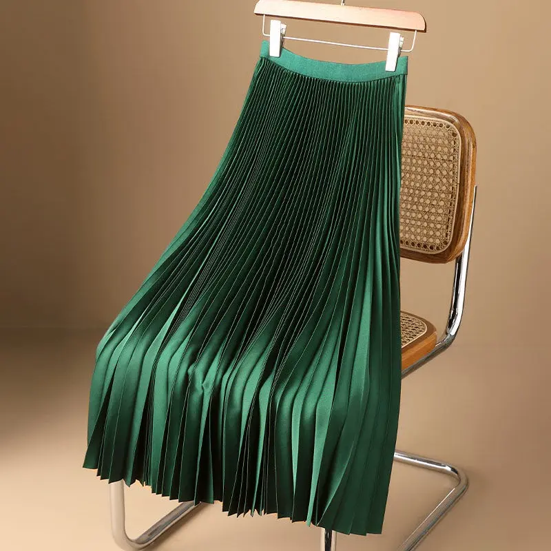 Spring Summer Vintage All-match Solid Color A-line Skirt Elegant Fashion Pleated Folds Long Skirts