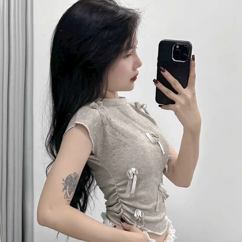 Áo thun nữ cổ cao tay hến đính nơ, bo chun hai bên eo - Women, Top 6