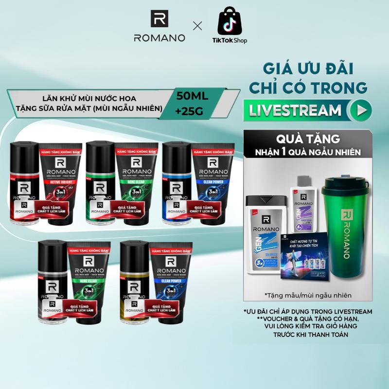   ĐỘC QUYỀN KOL  -  Tặng Sữa Rửa Mặt 25g  Lăn Khử Mùi Hương Nước Hoa Romano 50ml + Sữa Rửa Mặt 25g Mùi Ngẫu Nhiên 