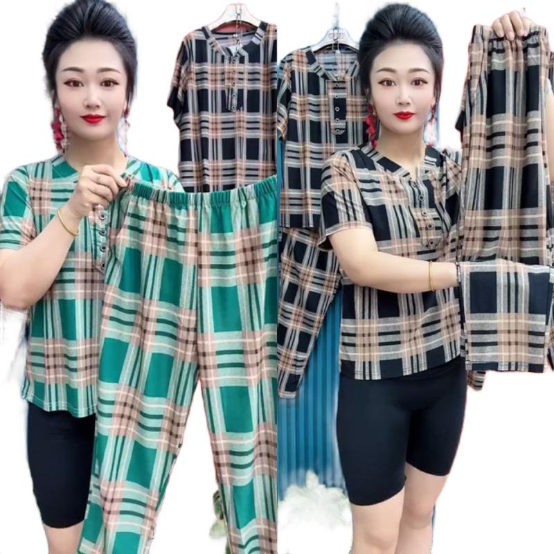 Đồ bộ trung niên nữ thun lưới thoáng khí 9 tấc hoạ tiết caro ống quần suông - Ong, Voi