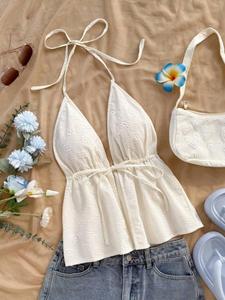 Top de halter Jacquard floral para mujer, Top sin mangas casual para verano, Ropa de dama para vacaciones en la playa, Ropa de mujer