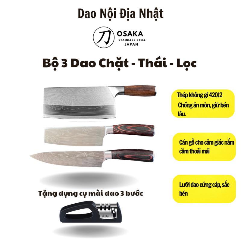 Bộ 3 dao Chặt, Thái, Lọc - Dao nội Địa Nhật, Tặng dụng cụ mài dao 3 bước.