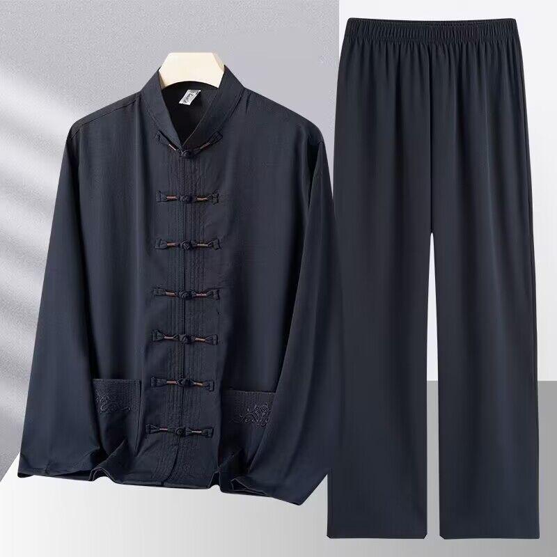 Flying We-Bộ Đồ Tang Cho Nam Trung Niên Và Cao Tuổi Trang Phục Cho Bố Mùa Xuân Và Mùa Hè Lụa Băng Ông Nội Phong Cách Trung Quốc Bộ Đồ Hai Mảnh Dài Tay Hanfu