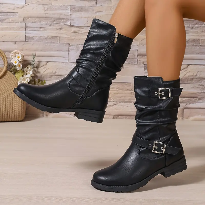 Elegant Women's Black Chelsea Boots with Buckle Straps - Comfortable Chunky Heel, Side Zipper, Round Toe, Faux Cover Ankle Boots for All Seasons