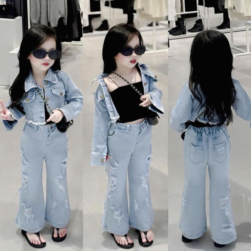 [SET 2 Món] Set Jean Cho Bé 8-30kg: Áo Jean Tay Dài Croptop và Quần Jean Ống Loe Tua Rua