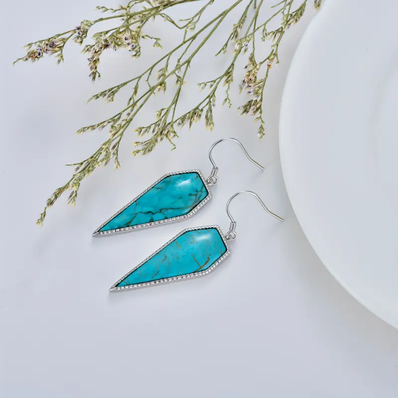 ZHENG make Natural Turquoise Earrings for Women 925 Sterling Silver Geometric Long Statement Fashion Dangle Earring Birthday Mothers Day 6