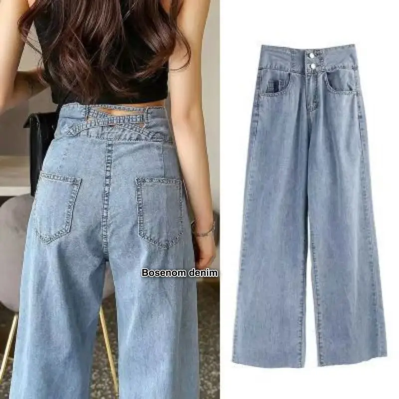 BOSENOM- Celana Kulot Jeans Wanita Highwaist Premium Variasi 2 kancing loose celana jins Panjang kasual pinggang crossback Kaki Nyaman Santai Stretch Belah Samping Belah Samping Hitam 2