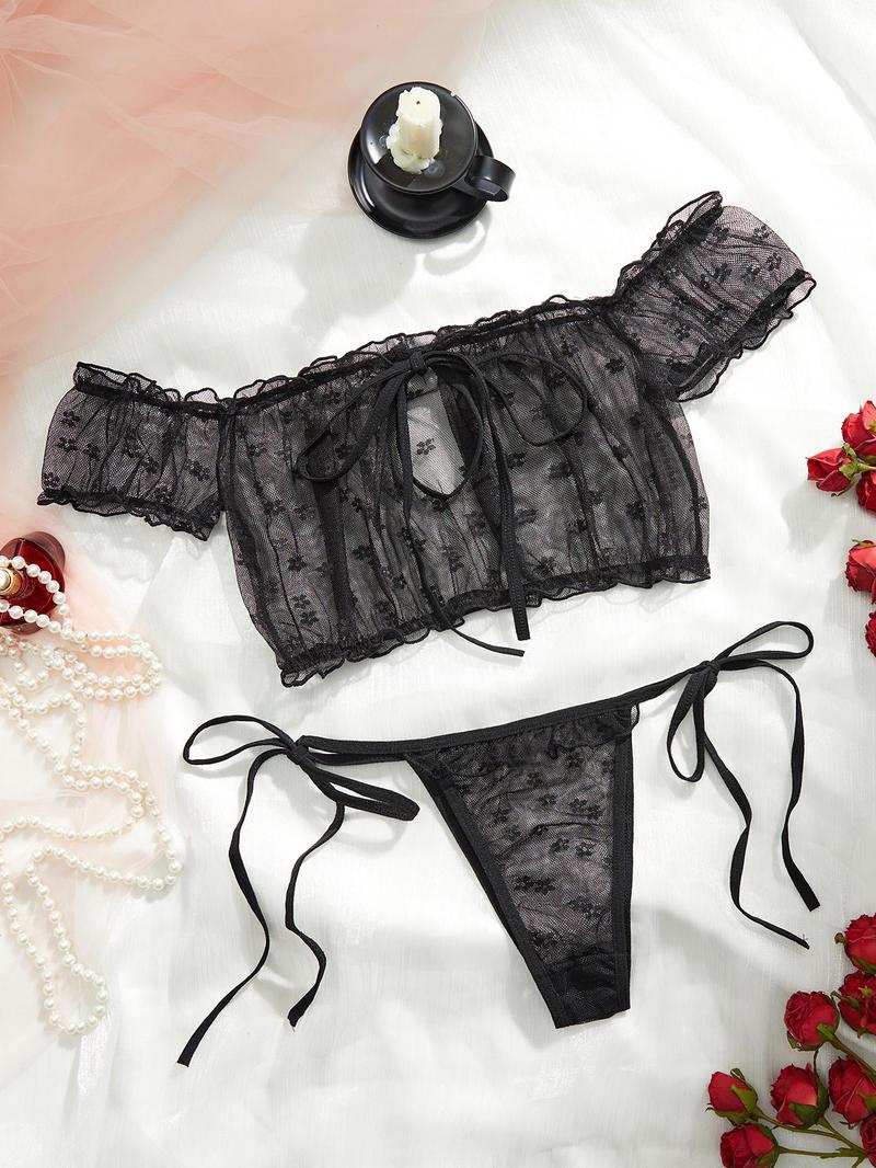 Product Introduction of Women's Ditsy Floral Print Sheer  Lettuce Trim Bra & Thong Sexy Two-piece Set, Sexy Frill Trim Bra & Tie Side Panty Set, Women's Lingerie Set for All Seasons 3