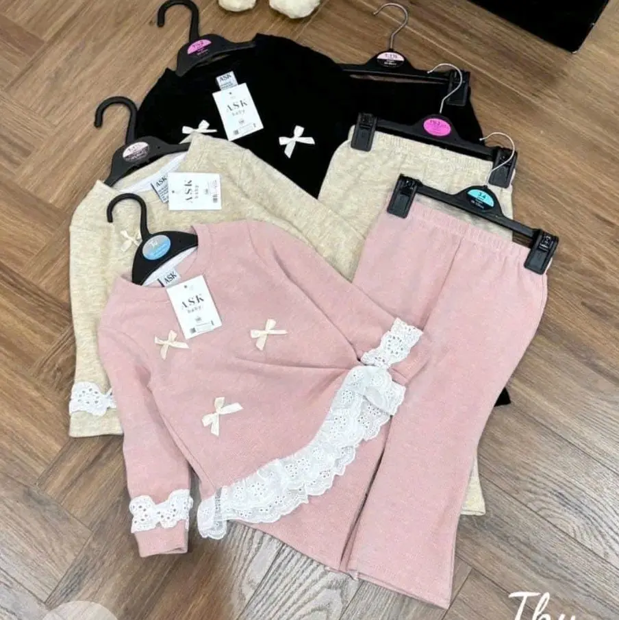 Bộ Dài Tay Thu Đông Cho Bé Gái 8-28kg Chất Cotton Len Dày Dặn Đính Nơ