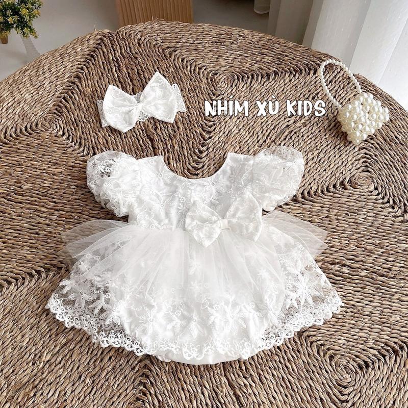 [3-12kg] Body Váy Nơ Trắng NHÍM XÙ KIDS Cho Bé Gái Sơ Sinh, Đầy Tháng, Thôi Nôi B118