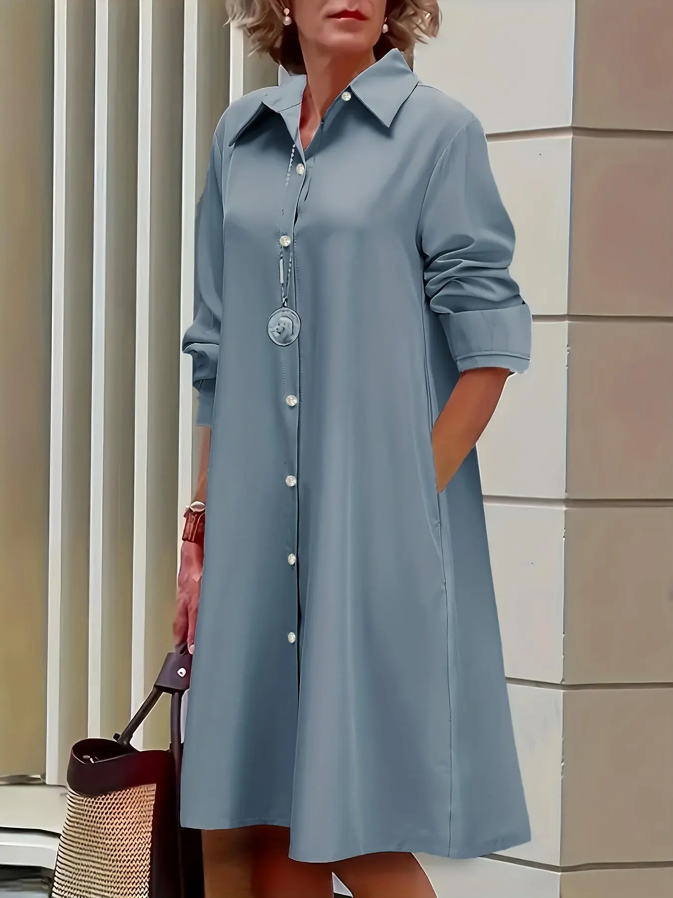 【Plus Size】 Solid Button Front Shirt Dress, Chic Casual Long Sleeve Collared Dress for Daily Wear, Women's Clothing for All Seasons