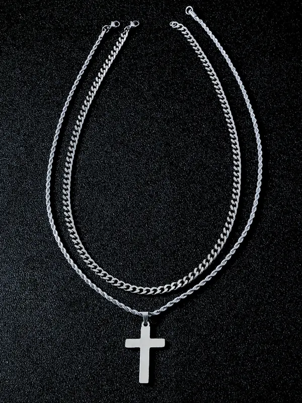 Men's Simple Cross Pendant Necklace, 2counts Stainless Steel Neck Jewelry for Party, Daily Clothing Decor, Trendy All-match & Exquisite Jewelry for Gift 4