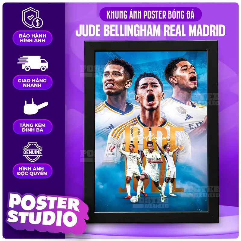 Khung ảnh poster Jude Bellingham gồm 2 kích thước để bàn A5 (18cm x 24cm), treo tường A4 (24cm x 35cm) Decor Decor Phòng 0