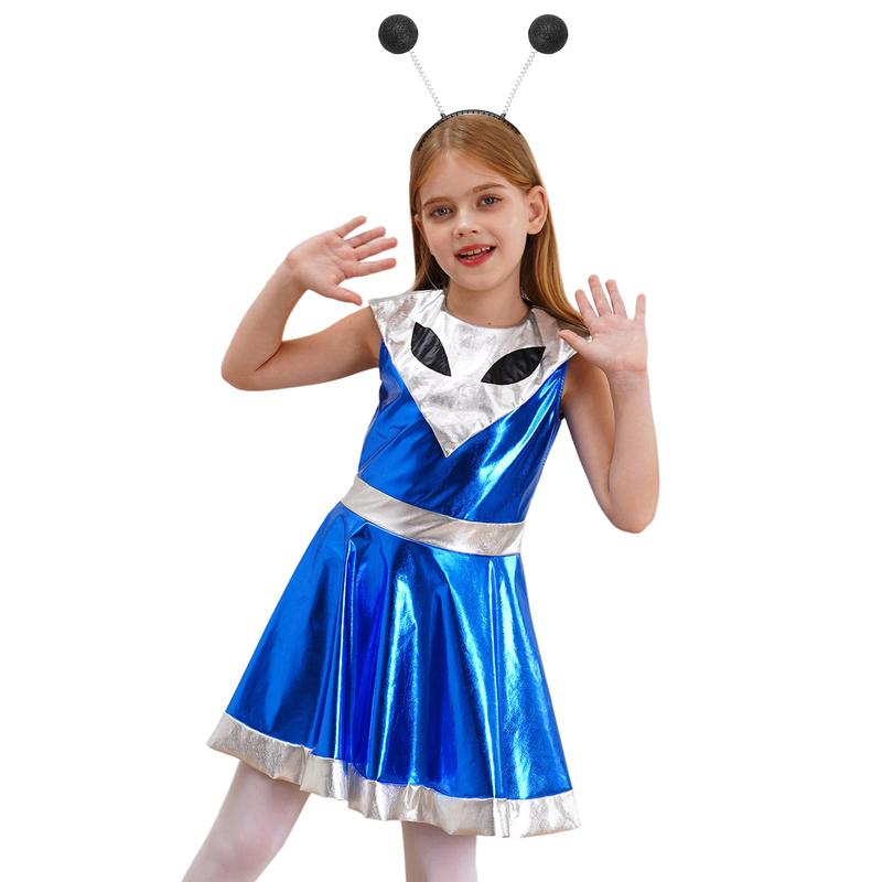 TiaoBug 2Pcs Girls Alien Space Outfit Metallic Sleeveless Dance Dress Astronauts Cosplay Costume 4
