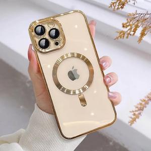Magnetic Casing For iPhone 12 13 14 15 Plus Pro Max Case Magsafe with Full Camera Lens Protector Shockproof Protective Case Plating Soft TPU Cover Phone Case