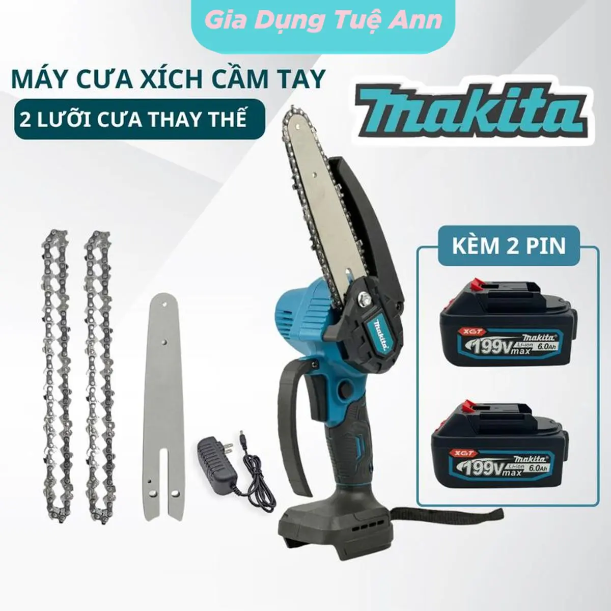 Máy Cưa Xích Dùng Pin MAKITA 199V, Máy Cưa Cầm Tay 2 Pin 5cell Siêu Khỏe Cưa Tất Cả Các Loại Gỗ, Cưa Siêu Nhanh