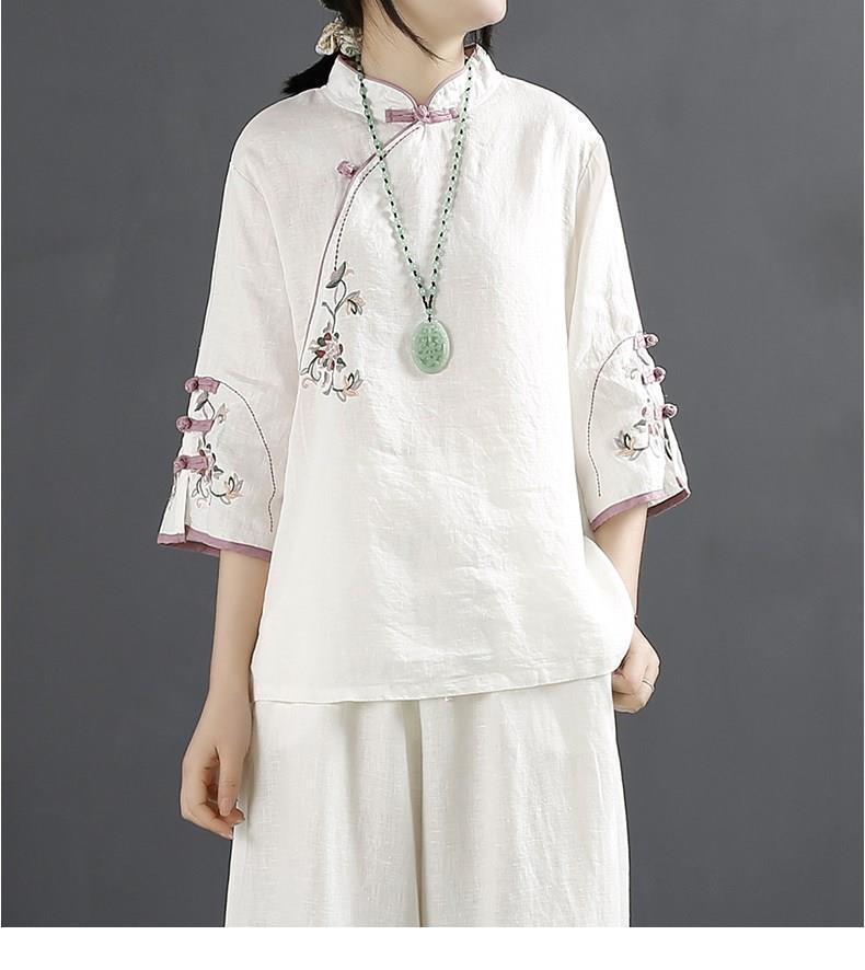 Product Introduction of Oemg2024 Summer New Chinese Style Retro Cotton and Linen Shirt Women's Chinese Style Stand-up Collar Frog Button Top Embroidered Cotton Tea Clothes 16