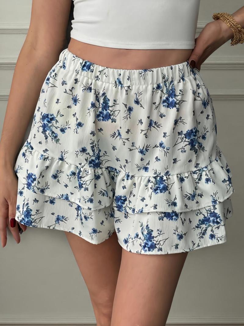 Product Introduction of Women's Ditsy Floral Print Ruffle Trim Shorts, Casual Comfy Double Layer Shorts for Summer, Fashion Women's Bottoms for Daily Wear 1