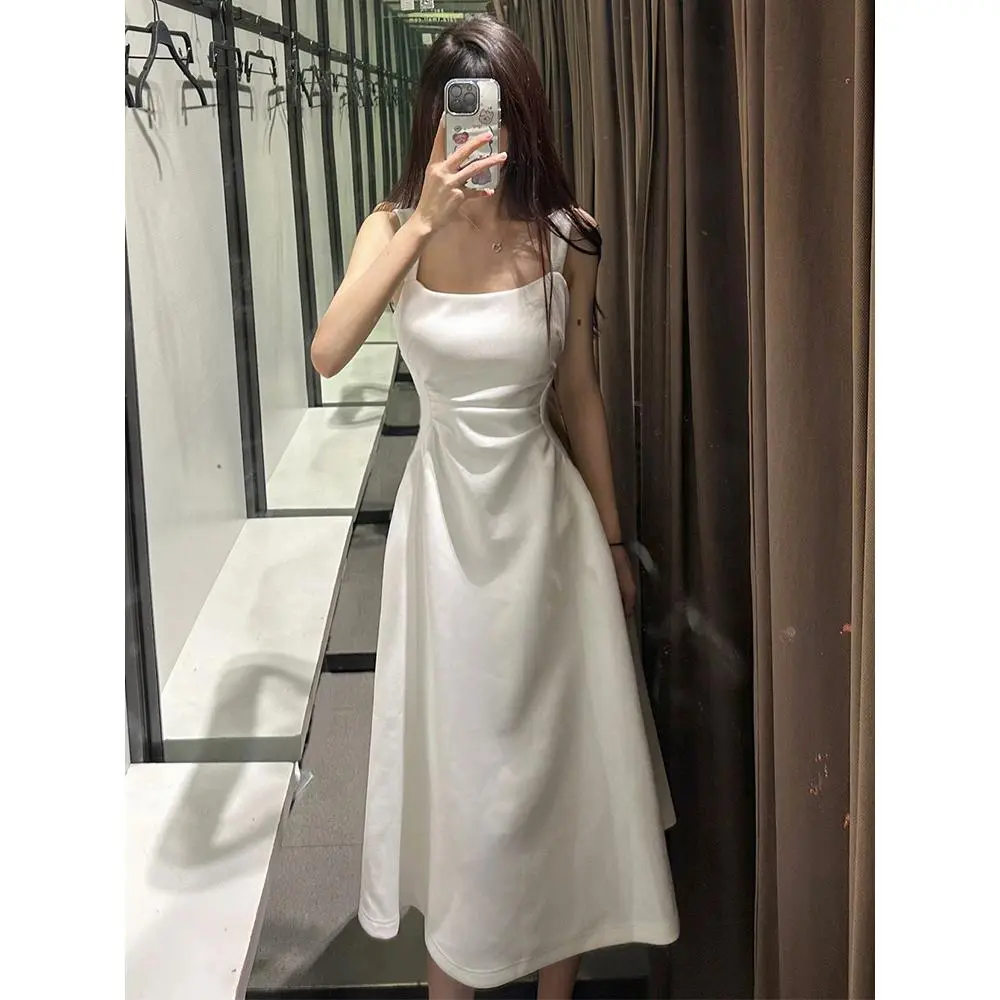 White Suspender Dress Children's Summer New French Tea Break Small First Love Tight Waist A- line Length Casual Womenswear Spaghetti Strap jaded london  plunge  dress