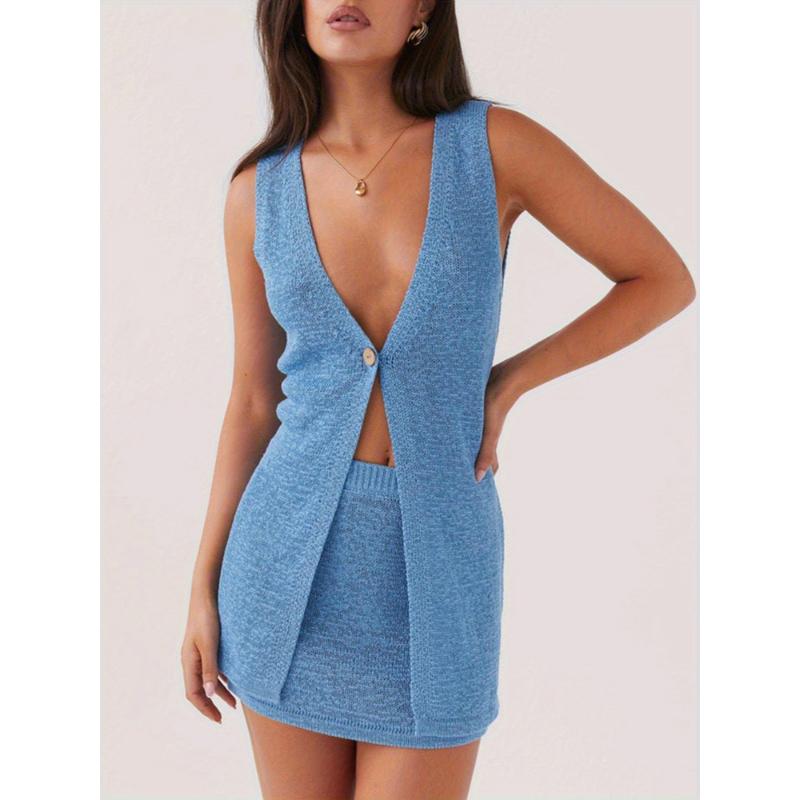Women Set Solid Color Deep V Neck Sleeveless Tank Tops Elastic Waist Skirt 2pcs Outfit 1
