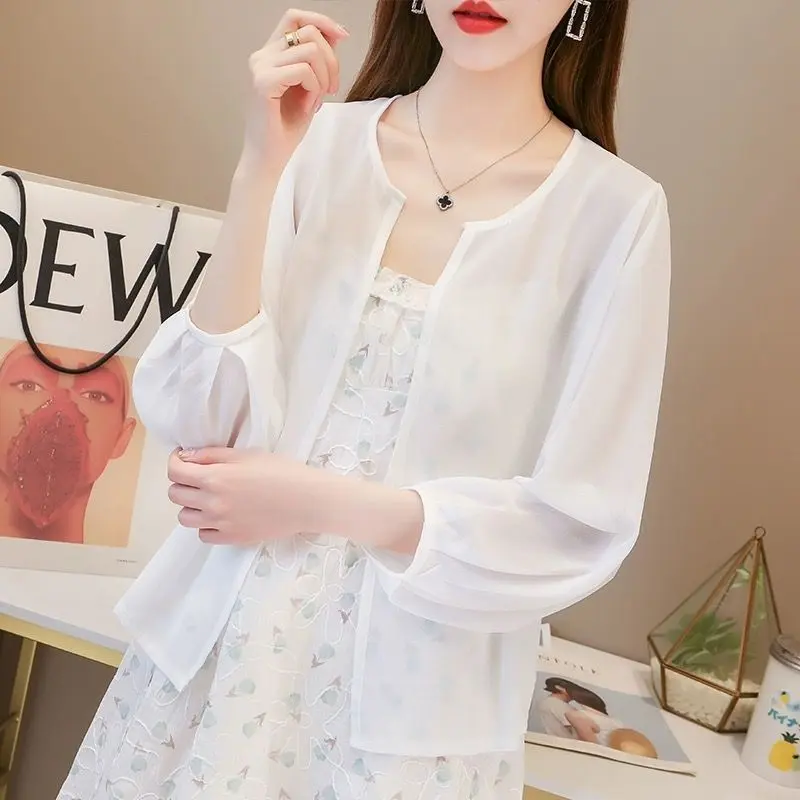 & Chiffon Sunscreen Cardigan Short Jacket for Women Summer New Style with Strap Dress Outerwear Small Shawl Air Conditioning Cover-Up