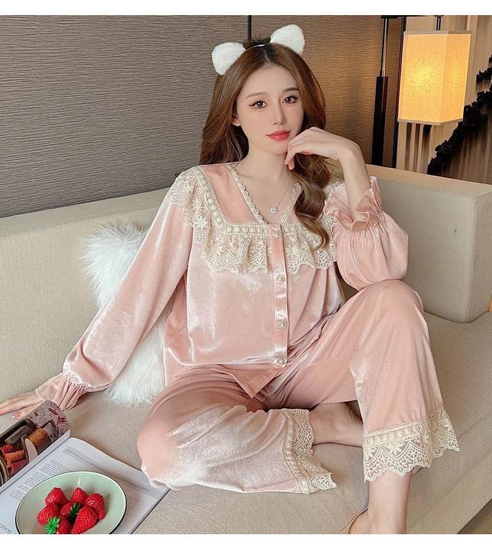 Product Introduction of Oootd-Đồ Ngủ Nhung Vàng Cho Nữ, Bộ Đồ Công Chúa Ren Mỏng, Quần Dài Tay, Áo Cardigan, Đồ Mặc Nhà, Mùa Xuân Và Mùa Thu, Mới 3
