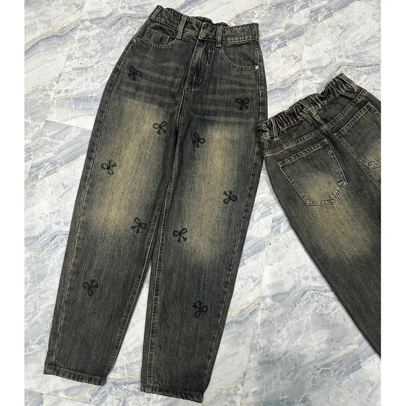 [003] Quần Jeans Baggy QC Lưng Chun Thêu Nơ Trơn Không Co Giãn 2