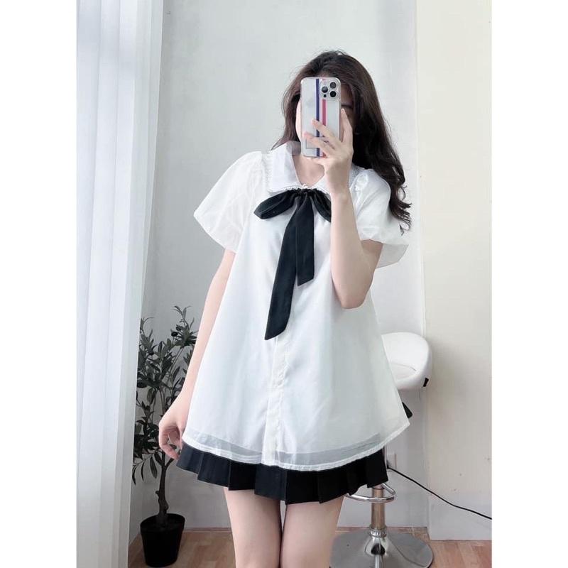  Áo babydoll voan cổ bèo viền ren thắt nơ dáng xòe Xưởng May Hạnh Ngân 