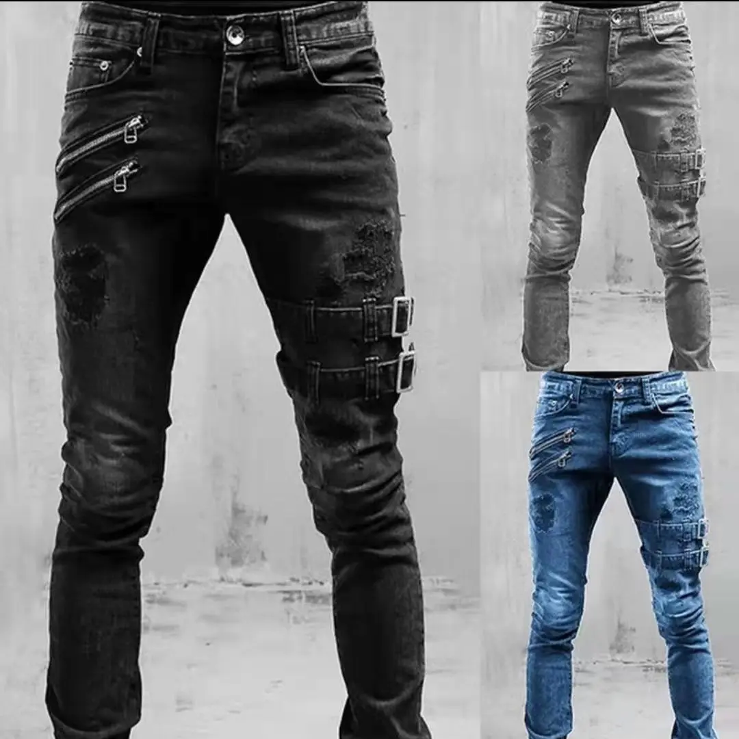 2025 Trendy Ripped Destroyed Skinny Jeans for Men - Vintage Biker Denim Pants, Streetwear Fashion