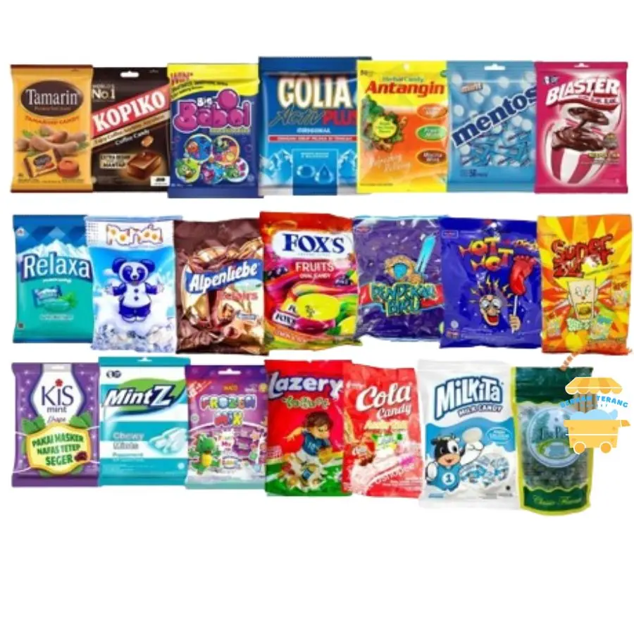 Permen Aneka Jenis 1 Pack Golia Mentos Fox Kiss Panda Tamarin Apenlieble Pendekar Biru Relaxa Hot hot pop big Babol Antangin Ting Ting Kopiko Cola bag Super zuper Lazery Yosan Inaco Lazery Mintz Blaster All Varian Rasa