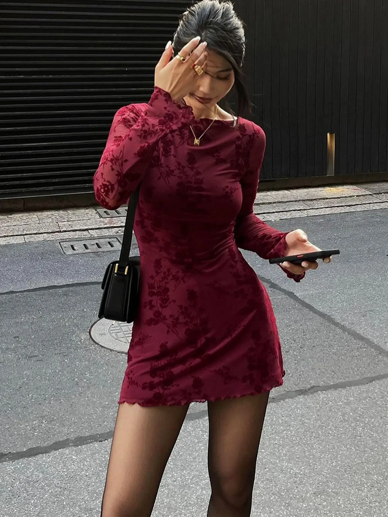 Women's Floral Print Lettuce Trim Tulle Bodycon Dress, Fashion Long Sleeve Round Neck Mini Dress for Daily Outdoor Wear, Red Dress, Women Dress for Spring Fall, Red Dress, Dresses for Women