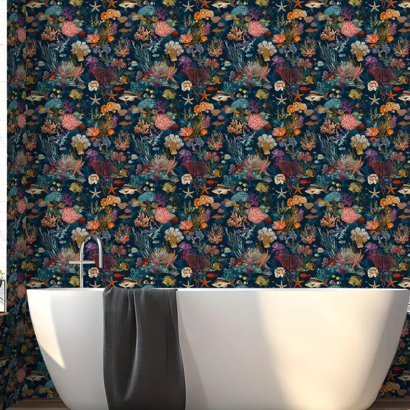Floral & Fish Pattern Wall Sticker, 1 Roll Removable Waterproof Wall Paper, Self Adhesive Wall Decal for Kitchen Living Room Dining Room Bedroom 7