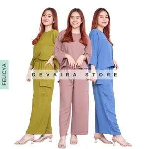 Felicya Cargo One Set Crinkle Airflow Setelan Wanita Dewasa Celana Panjang Kekinian