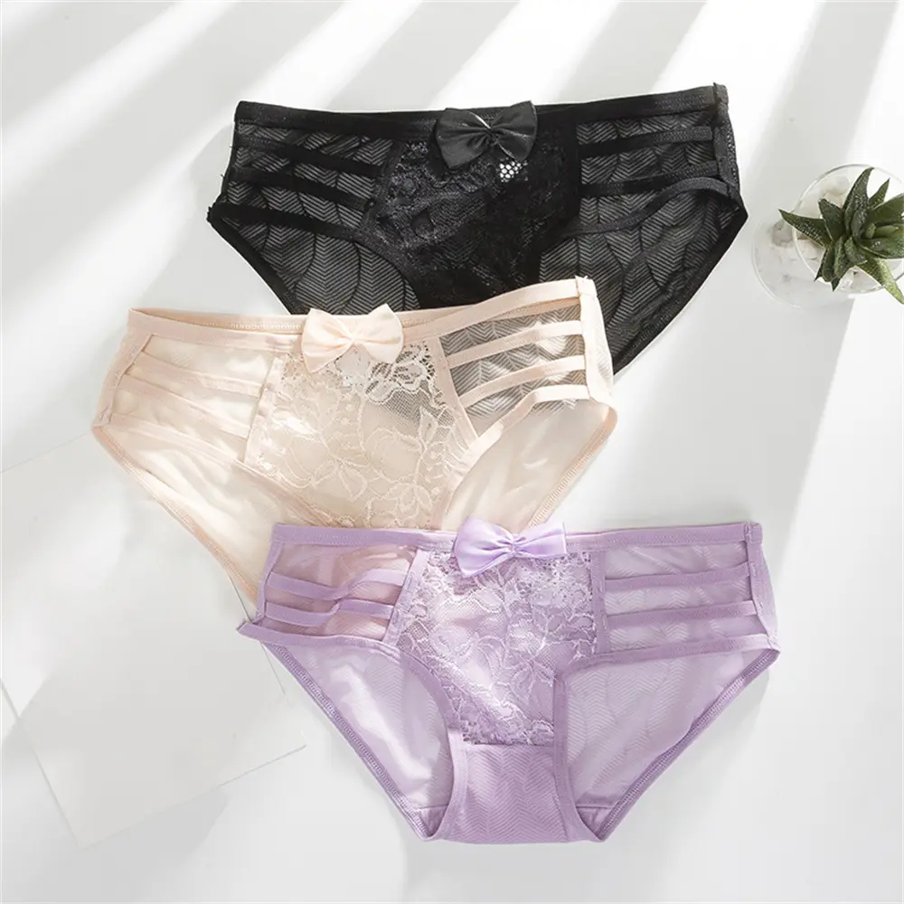 Quần Lót Cotton Nguyên Chất Thiết Kế Cạp Thấp, Ren Gợi Cảm, Có Nơ Lưới, Trong Suốt Và Liền Mạch, Thích Hợp Cho Phụ Nữ, Quần Lót, Thoáng Khí, Đồ Lót Nữ