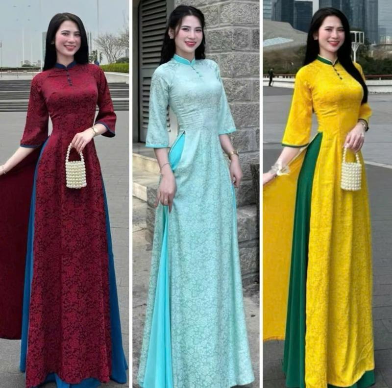  Áo Dài Gấm viền cổ đính cúc bọc xinh MINISO 