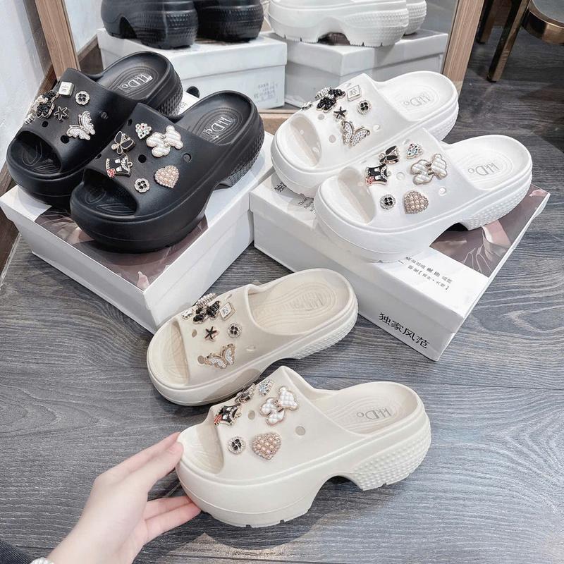 Dép độn đế 7cm quai ngang gắn charm Trái Tim, Dép quai ngang nữ đế cao có kèm 12 Sticker mã 312