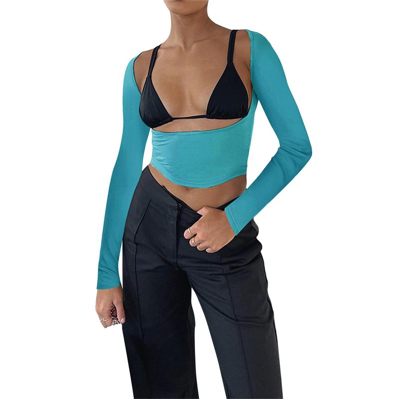 Women´s Long Sleeve Cropped Tops, Solid Color Round Neck Backless Show Navel T-shirt for Spring Summer 8