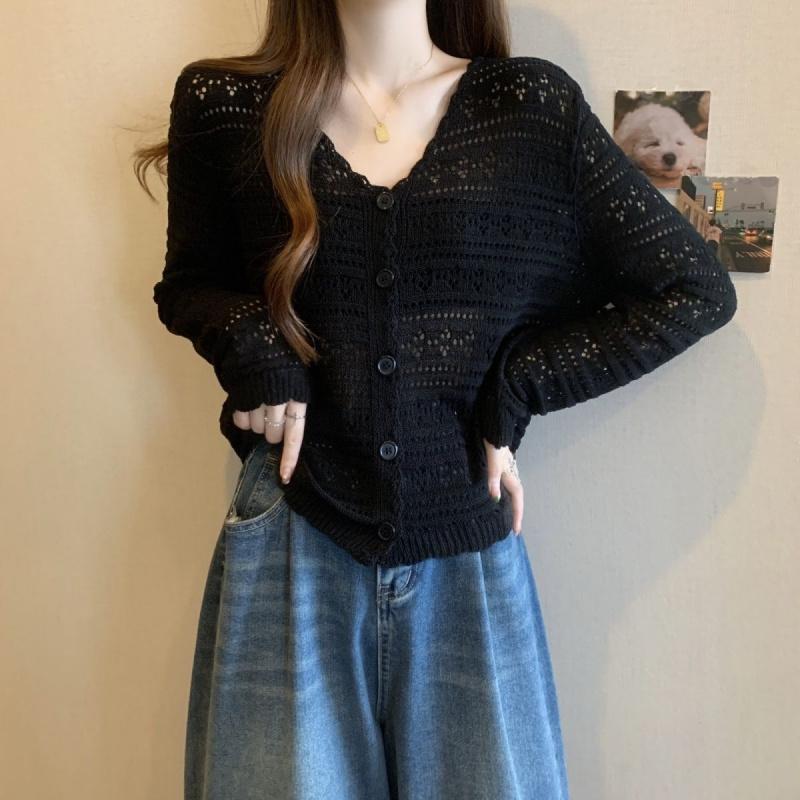 Áo len cardigan dệt kim rỗng mới cho nữ áo khoác mỏng khăn choàng chống nắng dài tay áo ngắn Top Women 3