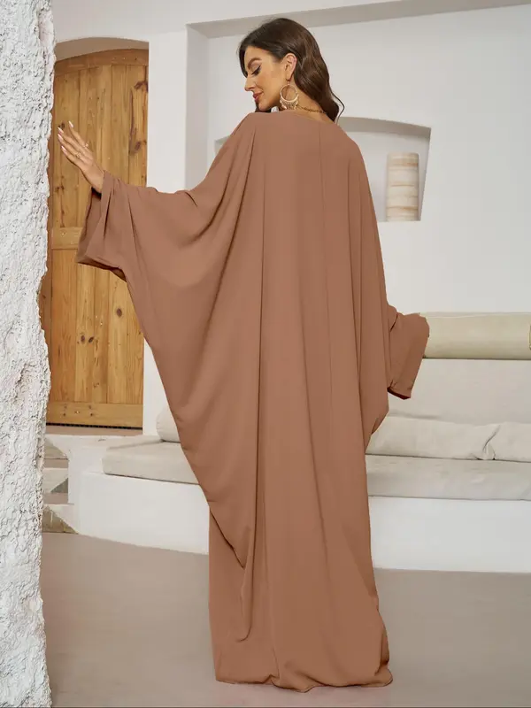 Women's Plain Batwing Sleeve Kaftan Dress, Elegant Long Sleeve Round Neck Maxi Dress for Daily Wear, Dresses for Women, Ladies Clothes for All Seasons 4