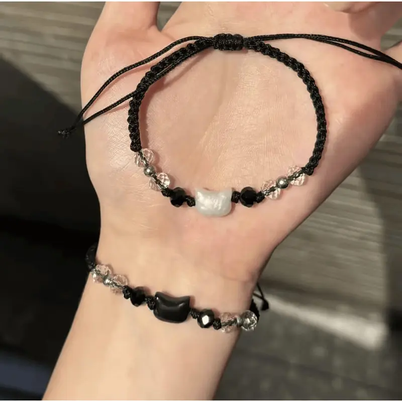 LULA ROSE Gelang Couple Kucing Hitam Putih | Tali Rajut Adjustable | Hadiah Pasangan Lucu 1