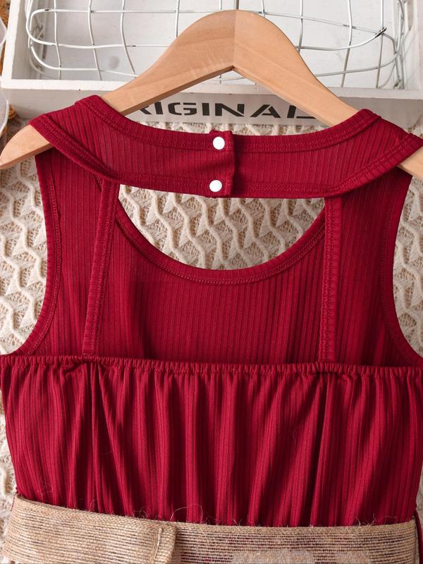 Girl's Colorblock Print Tank Romper with Belt, Elegant Sleeveless Jumpsuit for Summer, Kids Clothes for Daily Wear 5