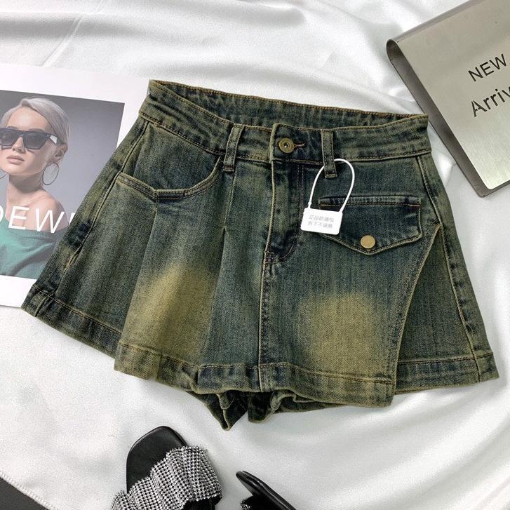 Chân váy jeans ngắn cạp cao nữ vạt lệch có quần bảo hộ A16