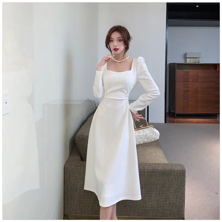1312 slim sexy beach women elegant plus size casual midi dress plain white  korean dress long sleeve dinner dress women for party - TikTok Shop Malaysia